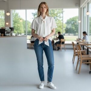 Kim Rogers Petite White Short Sleeve Bow Neck Blouse Women's PM Dressy Classic‎